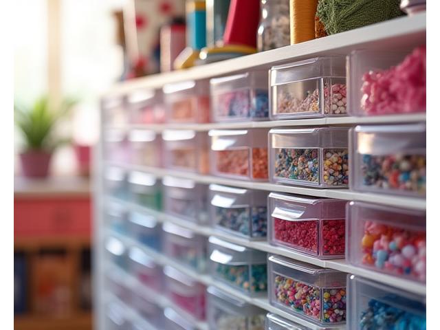 Bright craft room with clear drawers neatly storing art supplies and fabrics.