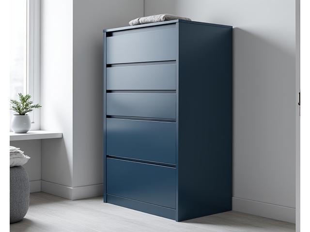 Five-drawer modular tower unit in a bedroom closet.