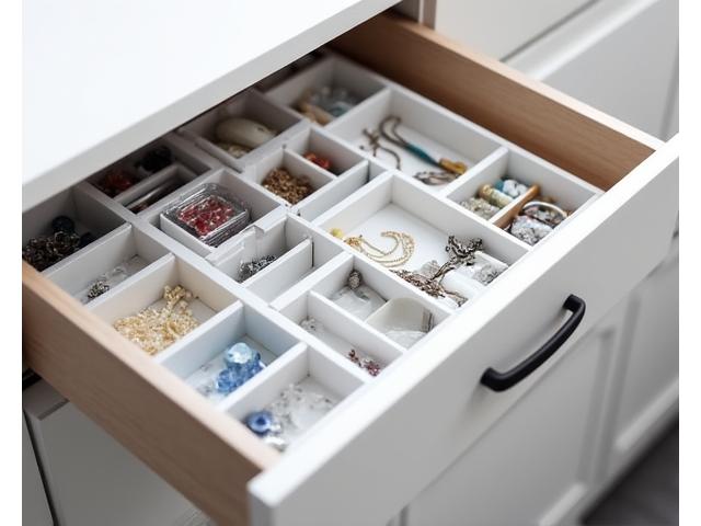 Drawer filled with various drawer dividers for small items.