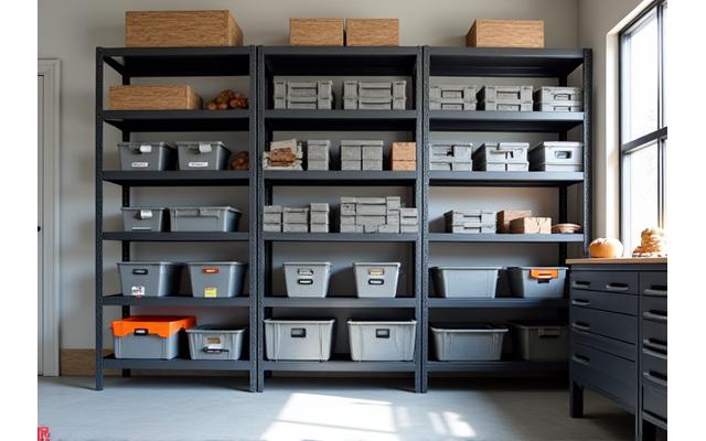 Heavy-duty modular shelving unit in a organized garage