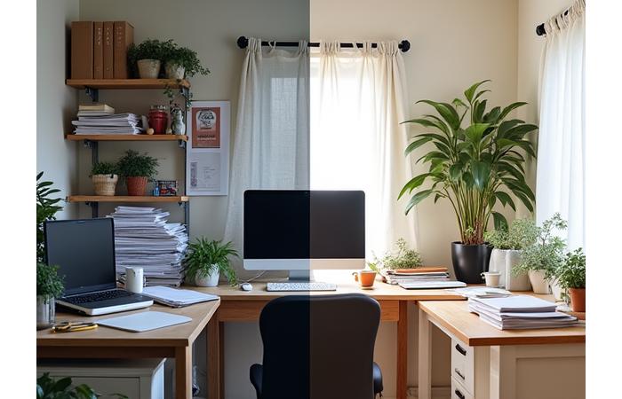 Before and after comparison of a disorganized home office turned into a streamlined, productive workspace