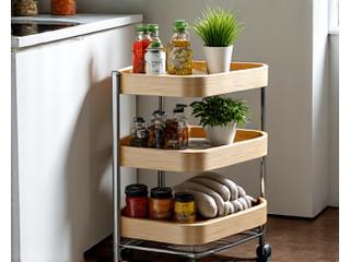 A compact, modern rolling storage cart in a small kitchen, holding spices and small appliances.