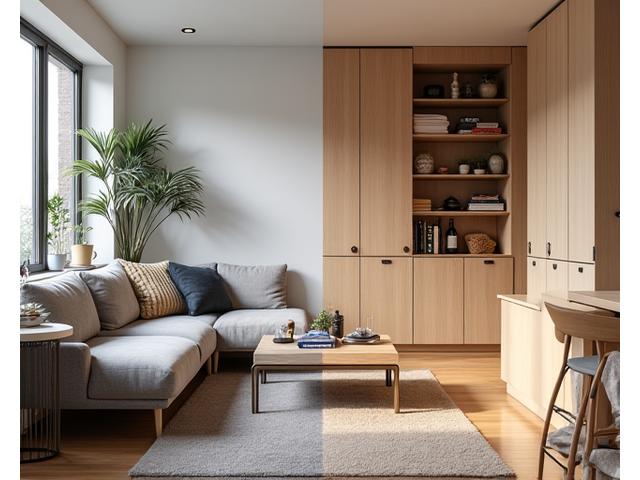 Before and after image showing a cluttered small apartment living room transformed into an organized, minimalist space using modular shelving units and compact furniture.