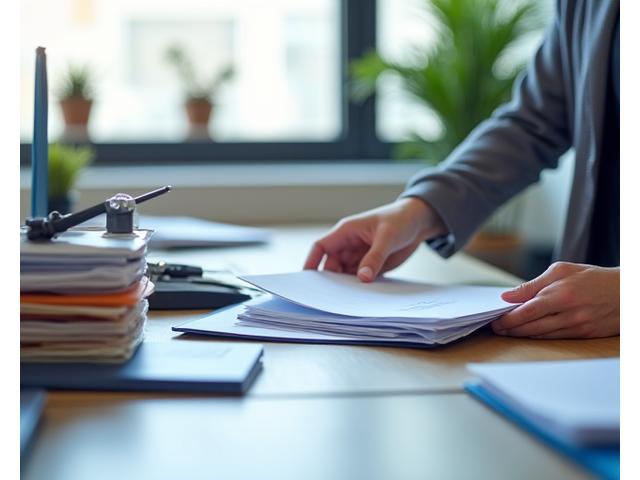A business professional systematically organizing files in a modern office setup with clear labeling and designated storage areas.