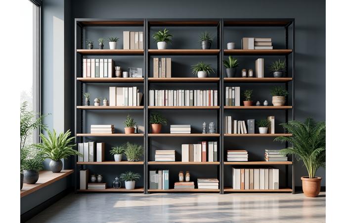 Organized modern office with modular shelving units neatly storing files, office supplies, and decorative plants